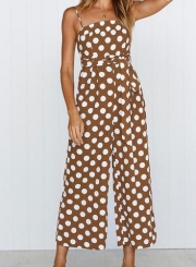 Polka Dots Spaghetti Strap Waist Tie Wide Leg Pockets Jumpsuit