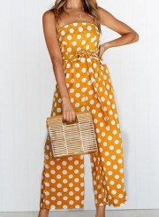 Polka Dots Spaghetti Strap Waist Tie Wide Leg Pockets Jumpsuit