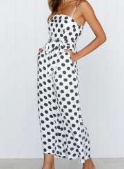 Polka Dots Spaghetti Strap Waist Tie Wide Leg Pockets Jumpsuit