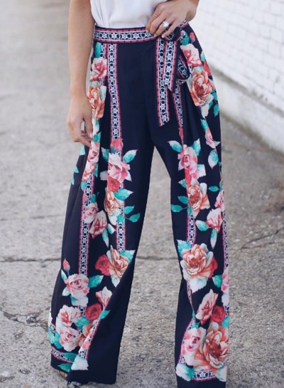 Casual Loose Floral Printed Lace-up High Waist Straight Wide Leg Pants