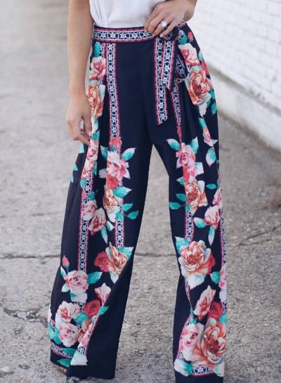 Casual Loose Floral Printed Lace-up High Waist Straight Wide Leg Pants STYLESIMO.com