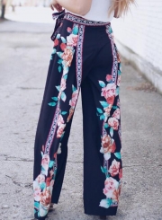 Casual Loose Floral Printed Lace-up High Waist Straight Wide Leg Pants