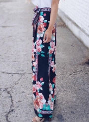 Casual Loose Floral Printed Lace-up High Waist Straight Wide Leg Pants