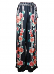 Casual Loose Floral Printed Lace-up High Waist Straight Wide Leg Pants