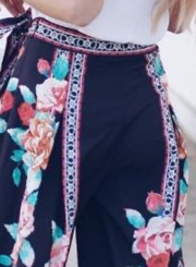 Casual Loose Floral Printed Lace-up High Waist Straight Wide Leg Pants