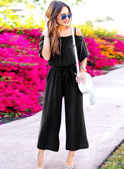 Solid Short Sleeve Spaghetti Strap Slash Neck Tie Waist Wide Leg Jumpsuits LEXELFASHIONINTSHOPS.com