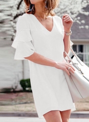 Fashion Casual Solid Half Flounce Sleeve V Neck Dress