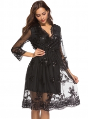 Fashion Lace Mesh Spicing Long Sleeve V Neck Dress With Sequins