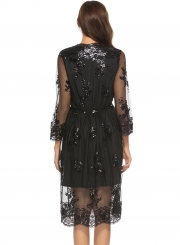 Fashion Lace Mesh Spicing Long Sleeve V Neck Dress With Sequins