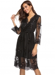 Fashion Lace Mesh Spicing Long Sleeve V Neck Dress With Sequins