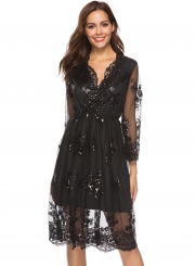 Fashion Lace Mesh Spicing Long Sleeve V Neck Dress With Sequins