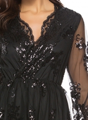 Fashion Lace Mesh Spicing Long Sleeve V Neck Dress With Sequins