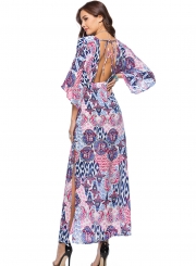 Fashion Printed 3/4 Sleeve V Neck Lace-Up Backless Slit Maxi Dress