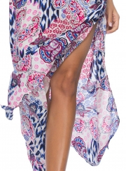 Fashion Printed 3/4 Sleeve V Neck Lace-Up Backless Slit Maxi Dress