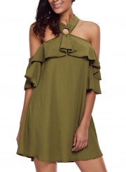 Fashion Olive Adorable Sexy O Ring Detail Ruffle Dress