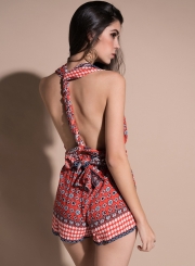 Fashion Sexy Boho Printed Sleeveless V Neck Backless Waist Tie Romper