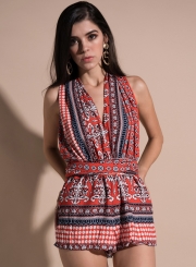 Fashion Sexy Boho Printed Sleeveless V Neck Backless Waist Tie Romper