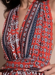 Fashion Sexy Boho Printed Sleeveless V Neck Backless Waist Tie Romper