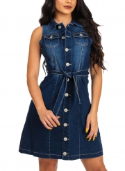 Slim Denim Sleeveless Front Buttons Waist Tie Dress With Pockets