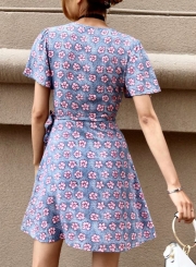 Casual Slim Floral Short Sleeve V Neck Waist Tie A-line Dress