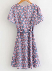 Casual Slim Floral Short Sleeve V Neck Waist Tie A-line Dress