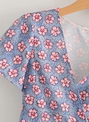 Casual Slim Floral Short Sleeve V Neck Waist Tie A-line Dress