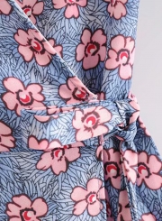 Casual Slim Floral Short Sleeve V Neck Waist Tie A-line Dress