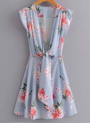 Floral Printed Cap Sleeve V Neck Lace-Up Waist Tie A-line Mini Dress