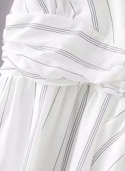 Summer Slim Striped Short Sleeve V Neck High Waist Ruffle Dress