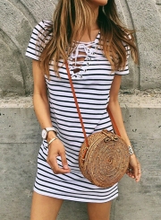 Summer Casual Slim Striped Short Sleeve Criss Cross V Neck Dress