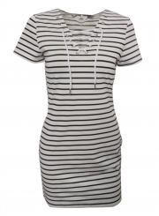 Summer Casual Slim Striped Short Sleeve Criss Cross V Neck Dress