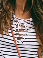 Summer Casual Slim Striped Short Sleeve Criss Cross V Neck Dress