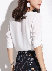 Fashion Solid Slim Lace-Up Ruffle Short Sleeve Round Neck Chiffon Blouse