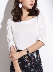 Fashion Solid Slim Lace-Up Ruffle Short Sleeve Round Neck Chiffon Blouse