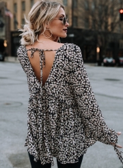 Loose Floral Printed Long Sleeve Lace-Up V Neck Ruffle Blouse