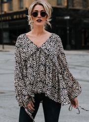 Loose Floral Printed Long Sleeve Lace-Up V Neck Ruffle Blouse