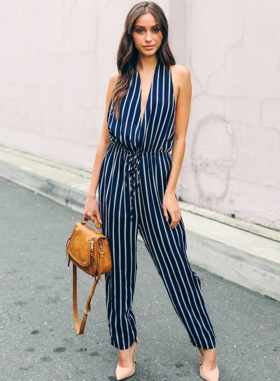 Fashion Sexy Striped Sleeveless V Neck Waist Tie Straight Jumpsuit