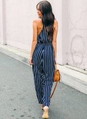 Fashion Sexy Striped Sleeveless V Neck Waist Tie Straight Jumpsuit