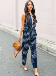 Fashion Sexy Striped Sleeveless V Neck Waist Tie Straight Jumpsuit