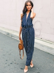 Fashion Sexy Striped Sleeveless V Neck Waist Tie Straight Jumpsuit