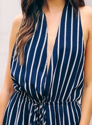 Fashion Sexy Striped Sleeveless V Neck Waist Tie Straight Jumpsuit