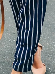 Fashion Sexy Striped Sleeveless V Neck Waist Tie Straight Jumpsuit