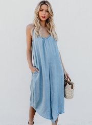 Fashion Loose Solid Spaghetti Strap V Neck Backless Jumpsuit With Pockets