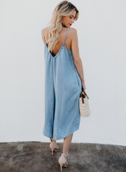 Fashion Loose Solid Spaghetti Strap V Neck Backless Jumpsuit With Pockets