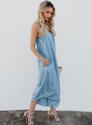 Fashion Loose Solid Spaghetti Strap V Neck Backless Jumpsuit With Pockets