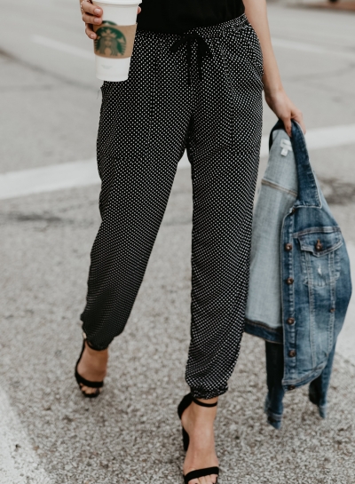 Casual Loose Waist Tie Polka Dots Pencil Pants With Pockets