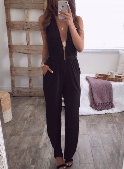 Fashion Irregular Solid Deep V Neck High Waist Slit Jumpsuit With Pockets YOUYOUFASHIONEC.com