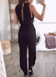 Fashion Irregular Solid Deep V Neck High Waist Slit Jumpsuit With Pockets