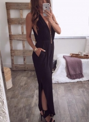 Fashion Irregular Solid Deep V Neck High Waist Slit Jumpsuit With Pockets