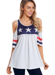 Summer Loose Short Sleeve Off The Shoulder Round Neck Tee With Stars